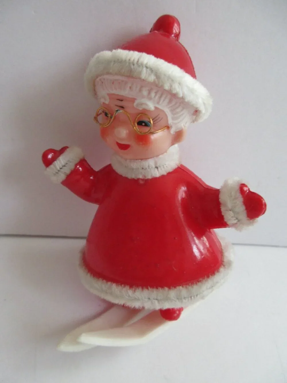Santa Mrs Claus Skiing Blow Mold Plastic Chenille Piping Trim 4'' Japan Vintage